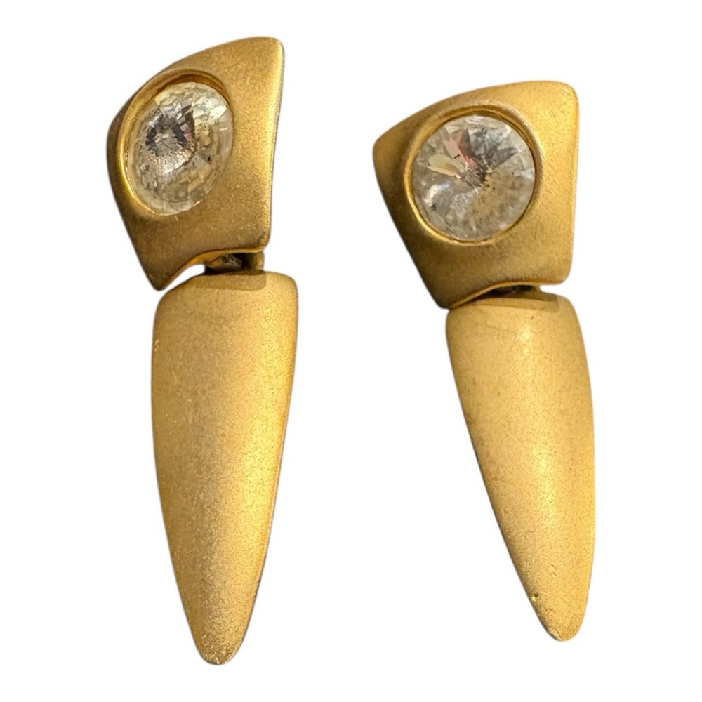 Vintage Modernist Geometric Gold-Tone Dangle Earrings with Clear Stones J12